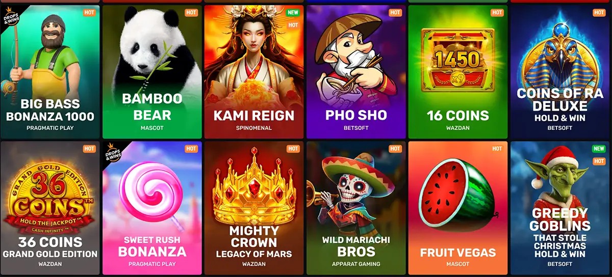 A grid of popular slot games featuring titles like Big Bass Bonanza 1000, Bamboo Bear, Kami Reign, Pho Sho, 16 Coins, Coins of Ra Deluxe, Sweet Rush Bonanza, Mighty Crown Legacy of Mars, Wild Mariachi Bros, Fruit Vegas, and Greedy Goblins, all marked as 