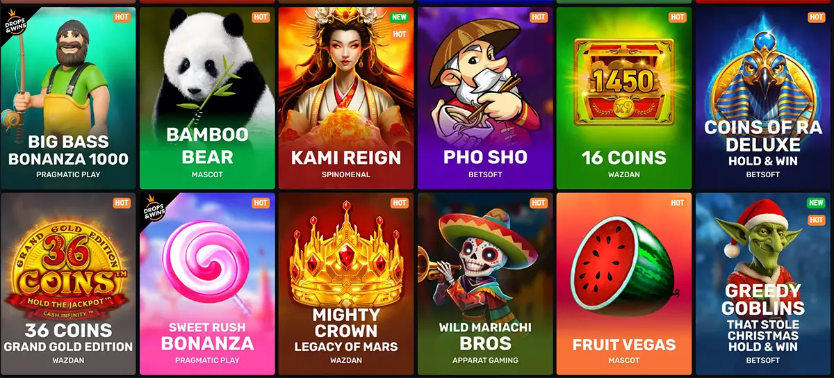 A grid of popular slot games featuring titles like Big Bass Bonanza 1000, Bamboo Bear, Kami Reign, Pho Sho, 16 Coins, Coins of Ra Deluxe, Sweet Rush Bonanza, Mighty Crown Legacy of Mars, Wild Mariachi Bros, Fruit Vegas, and Greedy Goblins, all marked as 'HOT' and part of the Drops & Wins promotion.